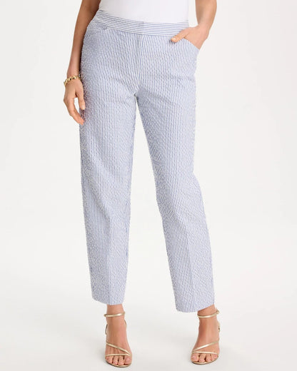 Chico's | Striped Seersucker Straight Ankle Pants/ Blue