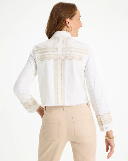 Chico's | Embroidered Cropped Denim Trucker Jacket/ Alabaster
