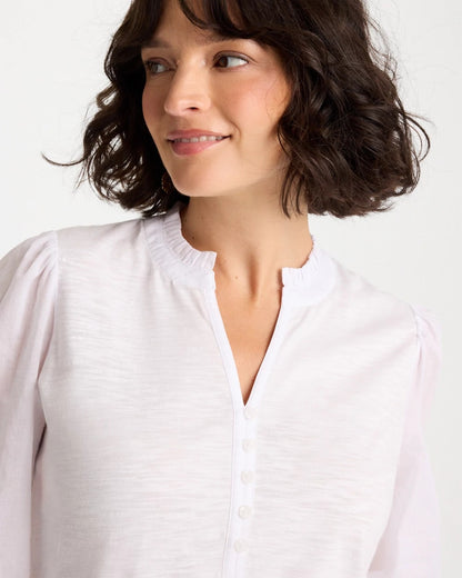 Chico's | Ruffled V-Neck 3/4 Sleeve Top/ Alabaster