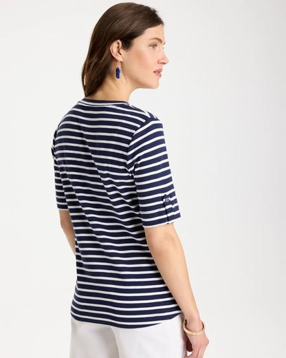Chico's | Pima Striped Elbow Sleeve Tee/ Passport Blue