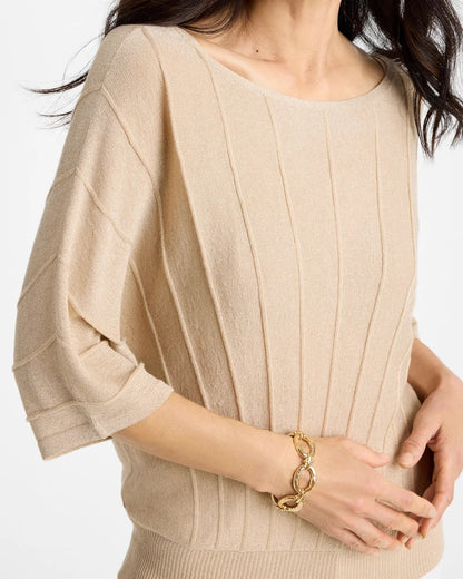 Chico's | Metallic Pleated Dolman Pullover Sweater/ Ecru