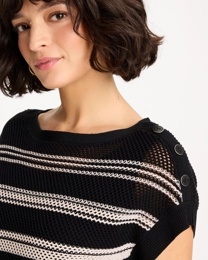 Chico's | Striped Mesh Stitch Pullover Sweater/ Black