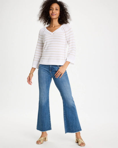 Chico's | Metallic Striped Pullover Sweater/ Alabaster