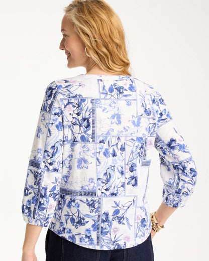 Chico's | Elle Puff Sleeve Cotton Slub Henley Tee/ Passport Blue
