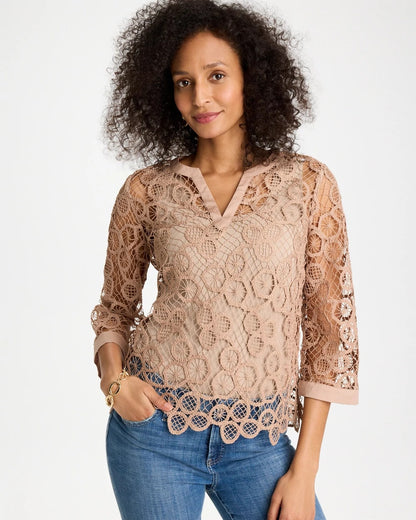 Chico's | Mixed-Media Medallion Lace Top/ Mocha Mousse