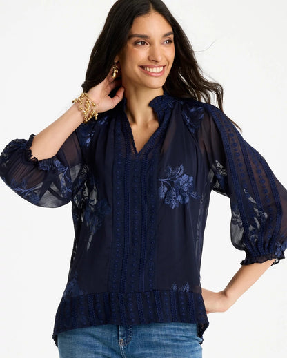 Chico's | Embellished Splitneck Blouse/ Passport Blue