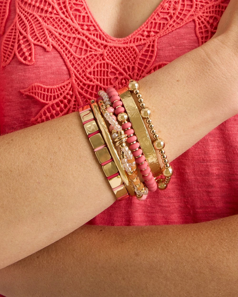 Chico's | Glam Goldtone Slice Stretch Bracelet/ Coral