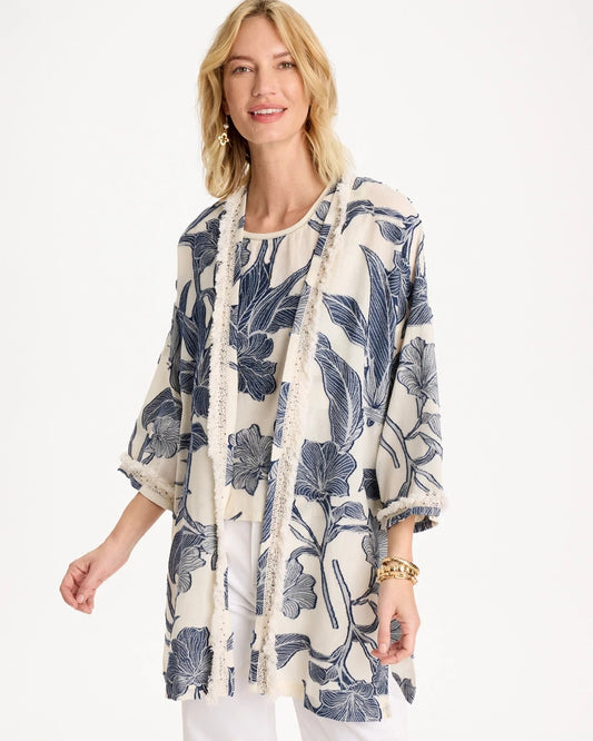 Chico's | Cotton Jacquard Fringed Kimono/ Blue