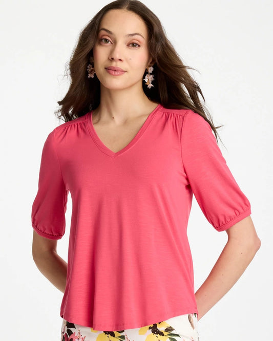 Chico's | Shirred Elbow Sleeve Tee/ Hot Honeysuckle