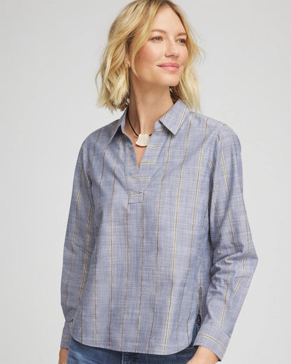 Chico's | Chambray Striped Soft Popover/ Indigo