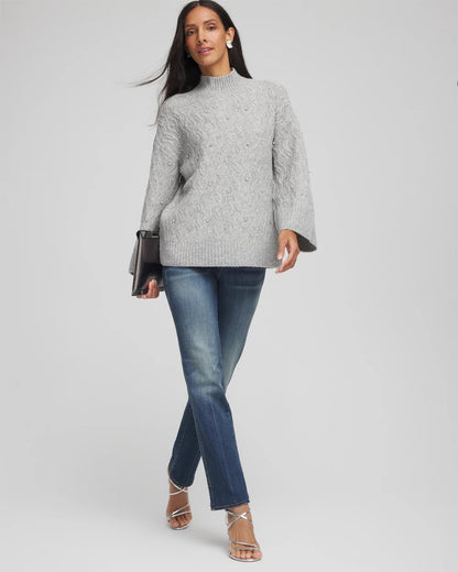 Chico's | Sequined Cable Knit Sweater/ Cloud Heather Gray