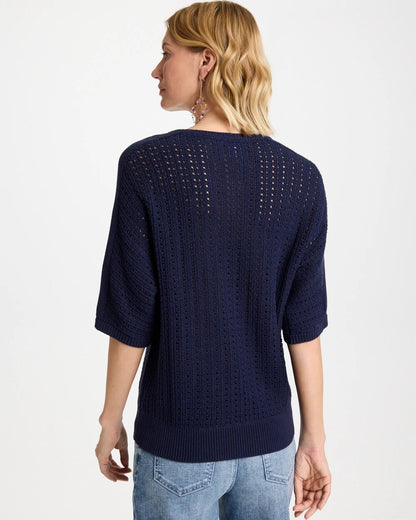 Chico's | Pointelle Crewneck Pullover Sweater/ Passport Blue