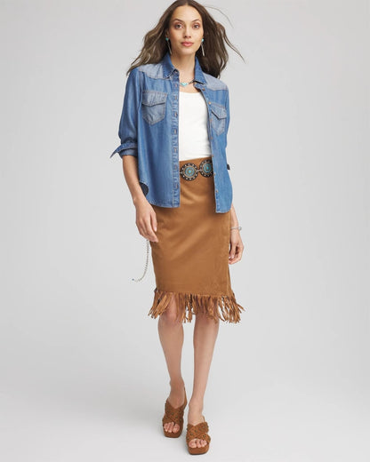 Chico's | Suede Fringed Asymmetrical Skirt/ Burnt Sienna