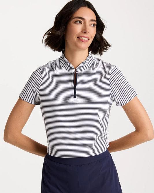 Chico's | Zenergy® UPF Ruffle Striped Half Zip/ Passport Blue