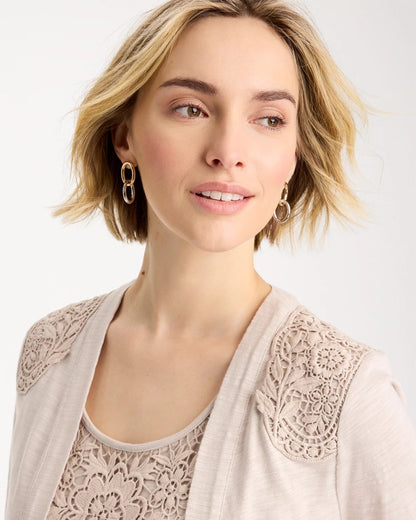 Chico's | Embroidered Cotton Slub 3/4 Sleeve Cardigan/ Smokey Taupe
