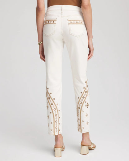 Chico's | Embellished Girlfriend Slim Ankle Jeans/ Sea Salt