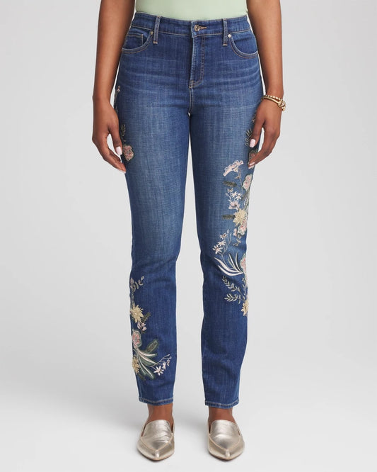 Chico's | Appliqué Girlfriend Slim Ankle Jeans/ Dragon Road Indigo