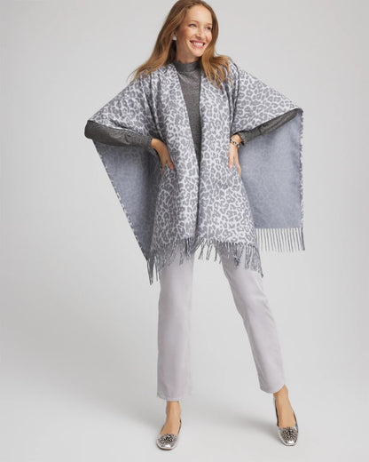 Chico's | Reversible Animal Print Fringe Ruana/ Storm Cloud
