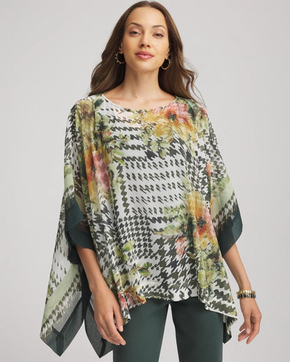 Chico's | Printed Crinkle-Chiffon Pullover Poncho/ Nettle Leaf