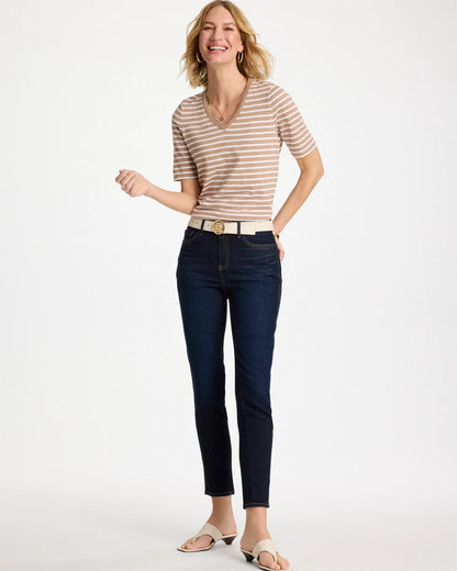 Chico's | Striped Cotton Slub V-Neck Tee/ Cattail Brown
