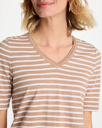 Chico's | Striped Cotton Slub V-Neck Tee/ Cattail Brown