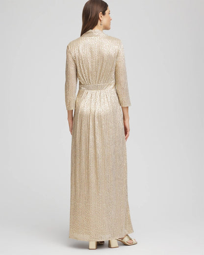 Chico's | Metallic Knit Pleated Maxi Dress/ Gold