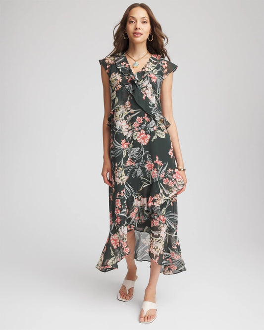 Chico's | Floral Ruffle-Trim Chiffon Dress/ Darkest Spruce