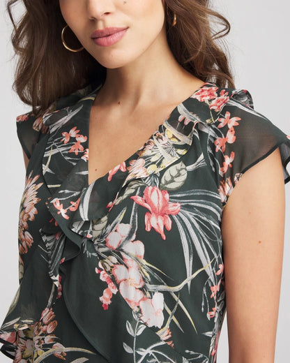 Chico's | Floral Ruffle-Trim Chiffon Dress/ Darkest Spruce