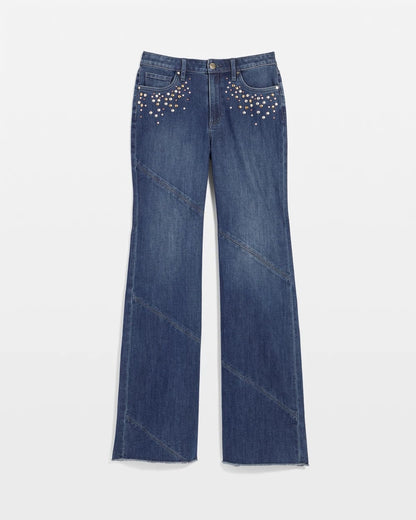 Chico's | Embellished Frayed Flared-Leg Jeans/ Irvina Indigo