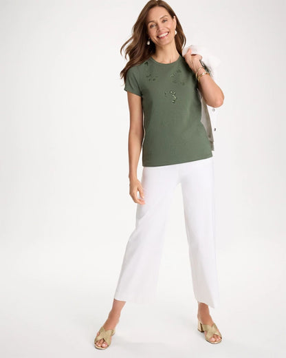 Chico's | Embellished Cotton Stretch Cap-Sleeve Tee/ Kelp Forest
