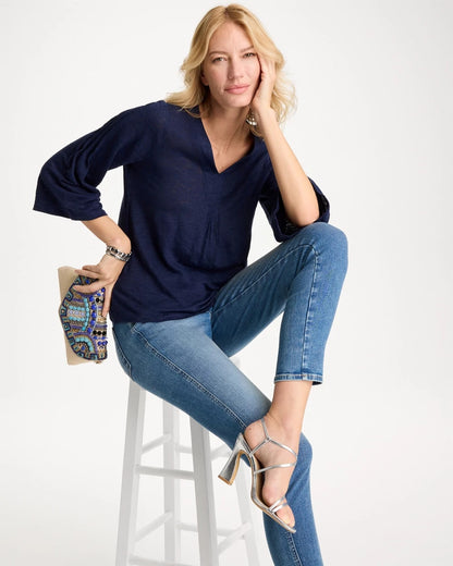Chico's | Linen Pleated Pintuck Tee/ Passport Blue
