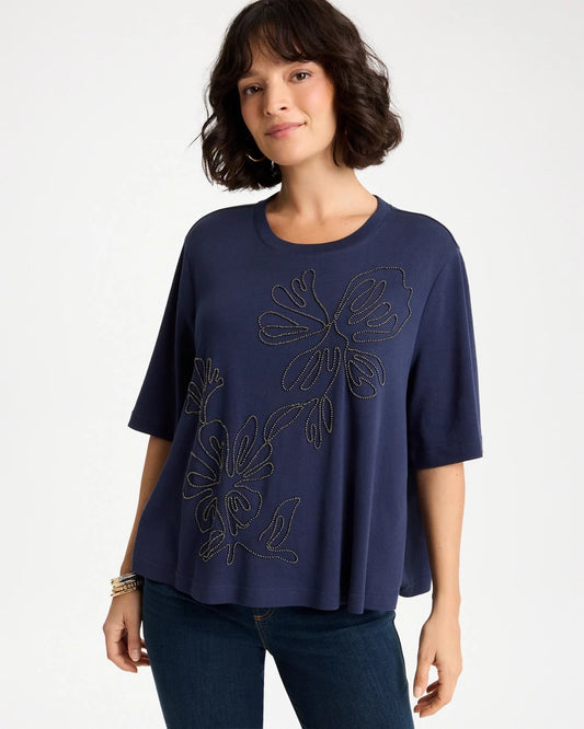 Chico's | Caviar Beaded Cotton Tee/ Passport Blue