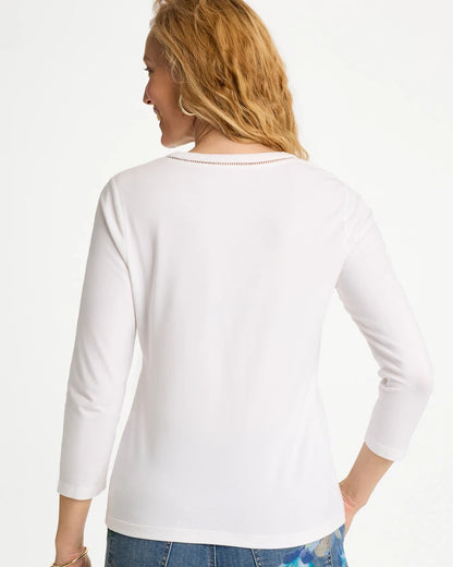 Chico's | Trim Detail Cotton Stretch 3/4 Sleeve Tee/ Alabaster