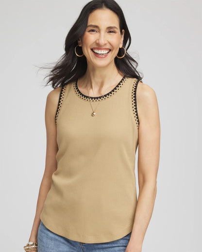 Chico's | Contrast-Trim Ribbed Cotton Tank Top/ Cafe Aroma