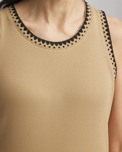 Chico's | Contrast-Trim Ribbed Cotton Tank Top/ Cafe Aroma