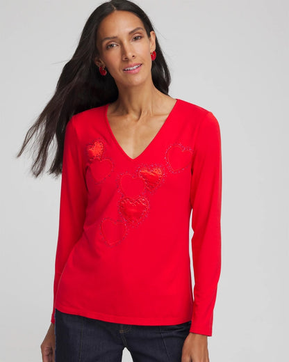 Chico's | Embellished Heart V-Neck Tee/ Love Letter Red