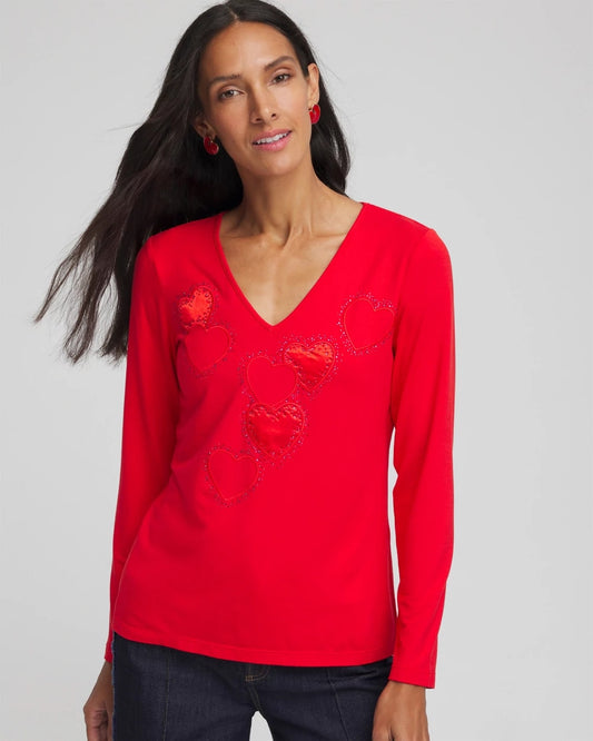 Chico's | Embellished Heart V-Neck Tee/ Love Letter Red