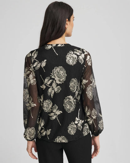 Chico's | Floral Metallic Bodre Top/ Black