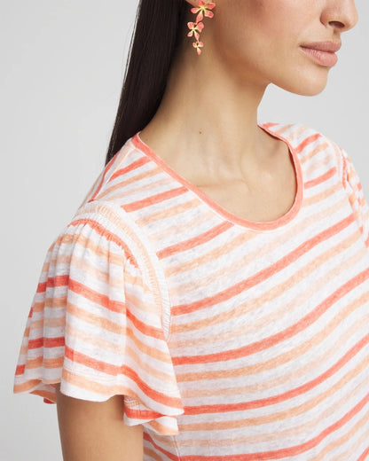 Chico's | Striped Linen Smocked Flutter-Sleeved Tee/ Melon Mambo