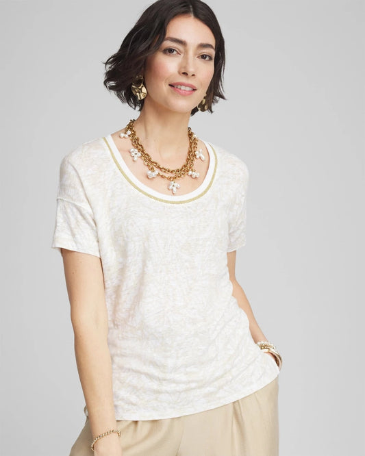 Chico's | Printed Sweater Trim Linen Tee/ River Rock