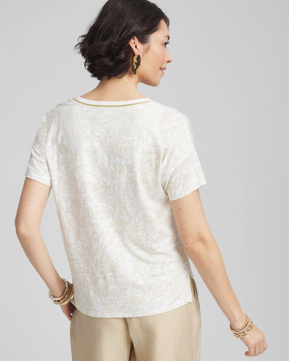 Chico's | Printed Sweater Trim Linen Tee/ River Rock