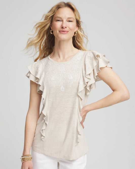 Chico's | Embroidered Flutter-Sleeve Tee/ River Rock