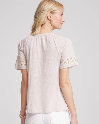 Chico's | Linen Lace-Cutwork Sleeve Henley Tee/ River Rock