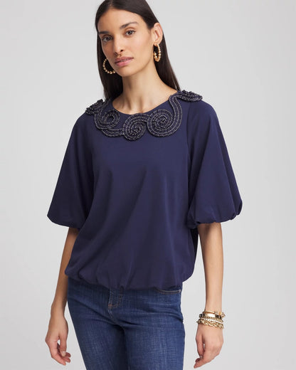 Chico's | Bubble Hem Pleated Cotton Top/ Passport Blue