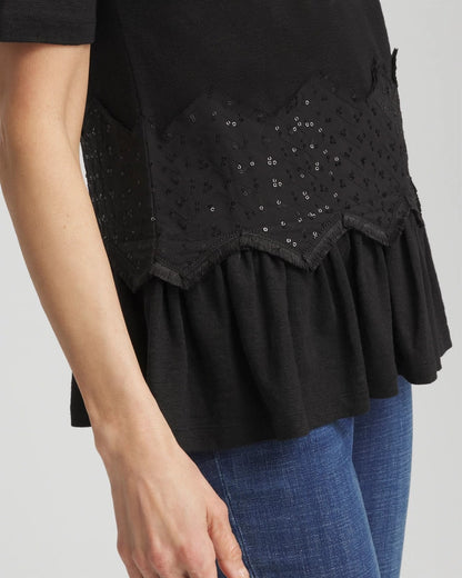 Chico's | Chevron Sequin Peplum Linen Tee/ Black