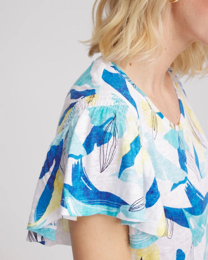 Chico's | Linen Smocked Flutter-Sleeved Tee/ Alabaster