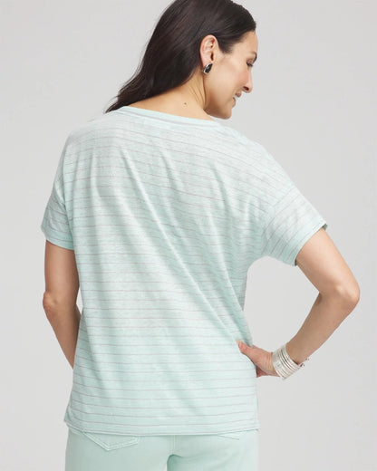Chico's | Striped Sweater-Trim Linen Tee/ Teal Waters