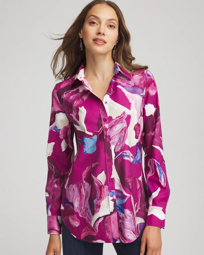 Chico's | No Iron™ Floral-Paint-Print Shirt/ Cobalt Stone