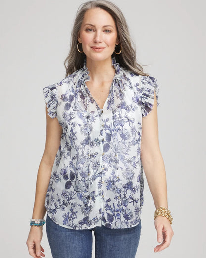 Chico's | Butterfly Ruffle Collar Blouse/ Pale Turq Blue