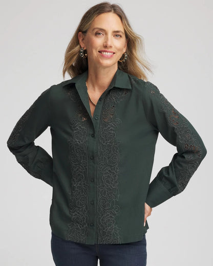 Chico's | Lace Cotton Voile Shirt/ Darkest Spruce
